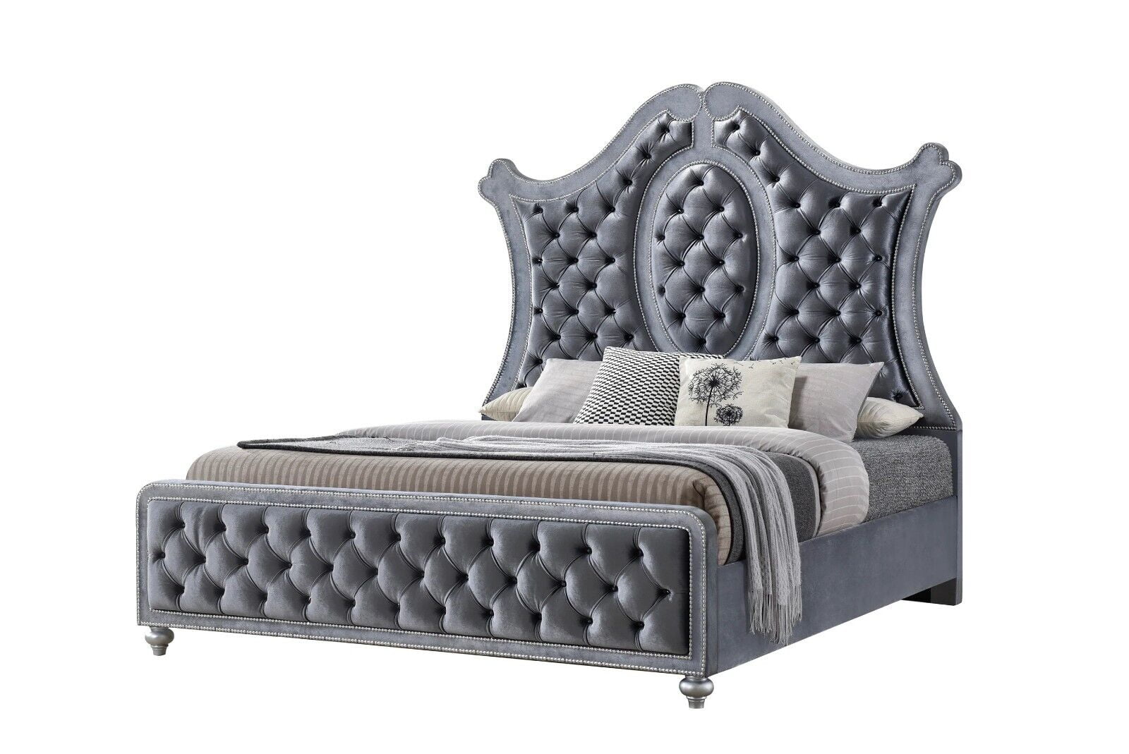 4pc Traditional Upholstered Queen Size Panel Bed Set Arched Headboard Master Bedroom Furniture