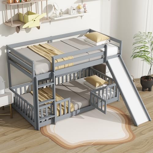 Bunk Beds Twin Over Full Size, Pine Solid Wooden Bunk Bed with Slide, Storage Staircase, Safety Guardrails for Kids, White