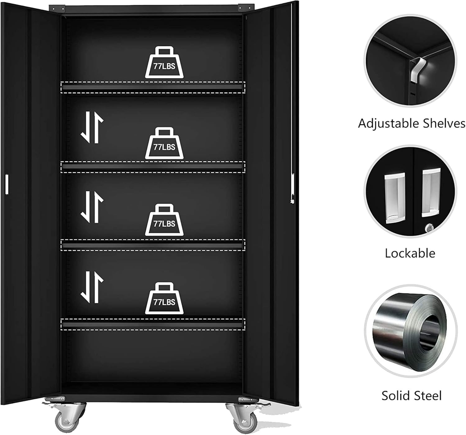 AOBABO Metal Storage Cabinet with Wheels,Steel Storage Shelving Cabinet, Lockable Cabinet for Home and Office, Metal Utility Cabinet for Garage