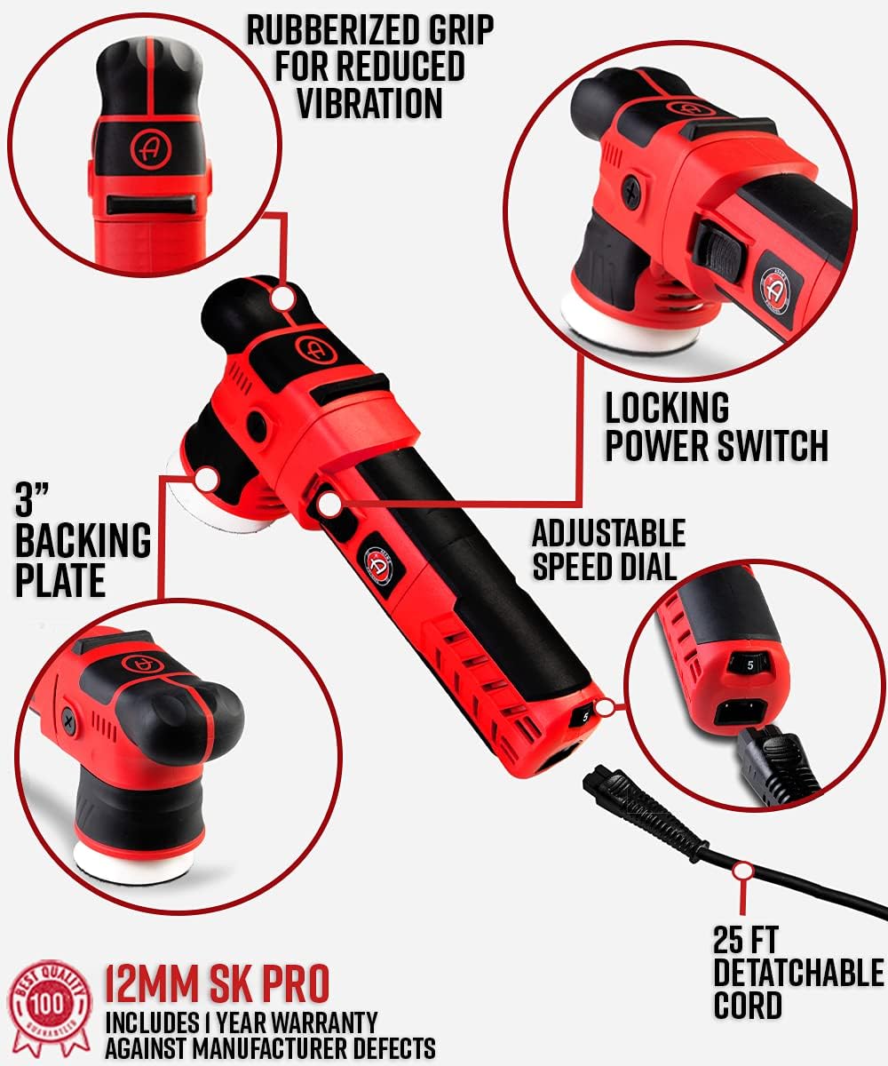 Adam’s SK Pro 12mm Car Polisher - Professional Dual Action Polisher For Car Detailing - Paint Correction, Waxer Buffer DA Polisher