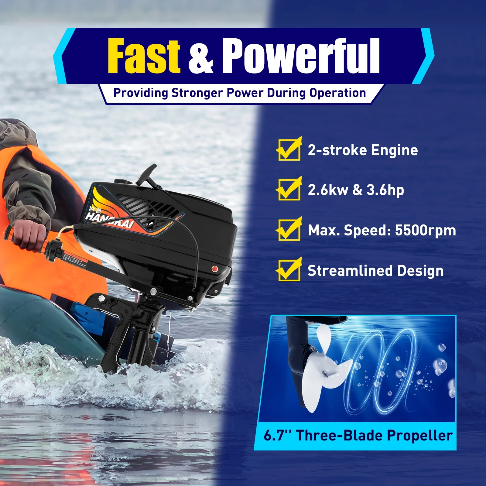 Miumaeov Outboard Motor 3.6HP 2-Stroke Single Cylinder Water Cooling Marine Propeller Fishing Boat Manual Start Outboard Engine for Kayak Yacht