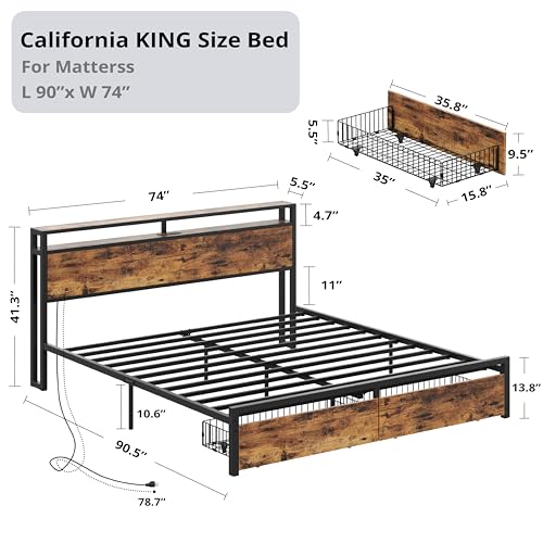 LIKIMIO King Bed Frame with Storage Headboard, Platform Bed with Drawers and Charging Station, No Box Spring Needed, Easy Assembly, Vintage Brown