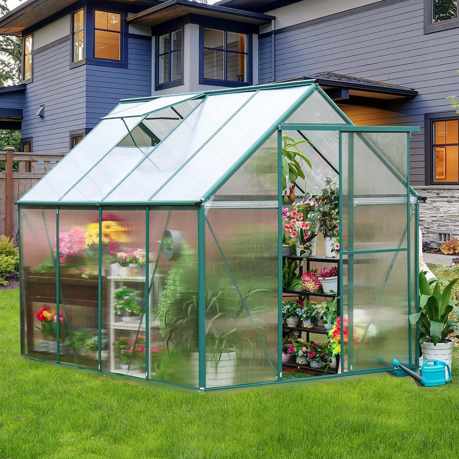 Outdoor Greenhouse Kit, Seizeen Polycarbonate Walk in Green house w/Aluminum Farm, Heavy Duty Garden Greenhouse with Window & Sliding Door