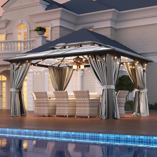Aoxun 12'x16' Hardtop Gazebo, Aluminum Frame Permanent Pavilion with Netting and Curtains, Outdoor Polycarbonate Double Roof Canopy