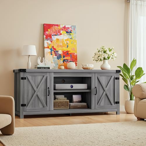 YESHOMY Modern Farmhouse TV Stand with Two Barn Doors and Storage Cabinets for Televisions up to 65+ Inch, Entertainment Center Console Table