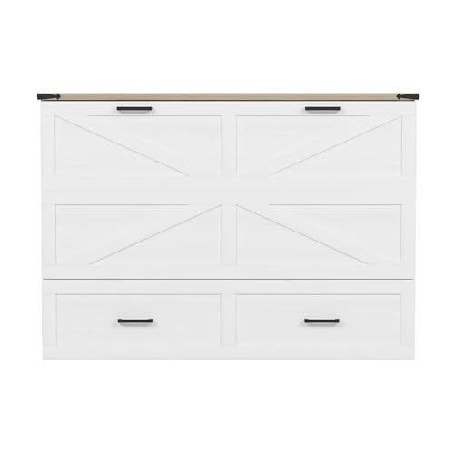 Queen Size Farmhouse Murphy Bed Cabinet with Charging Station, Foldable Platform Bed Frame with 2 Storage Drawers