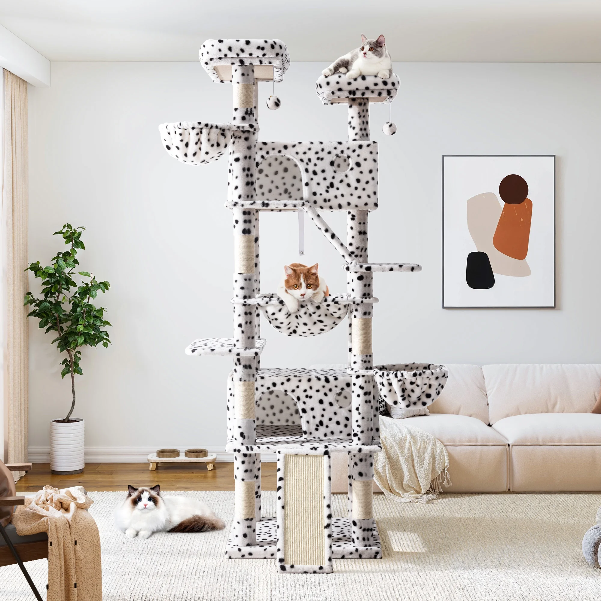 Allewie 81 Inches Multi-Level Tall Cat Tree for Large Cat, Cat Climbing Tree with Cat Condo and Hammock, Scratching Post, Wide Base, White/Black Spot