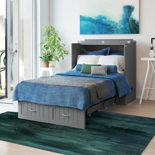 AFI Southampton Queen Murphy Bed Chest with Mattress, Storage, and Built-in Charger in Grey