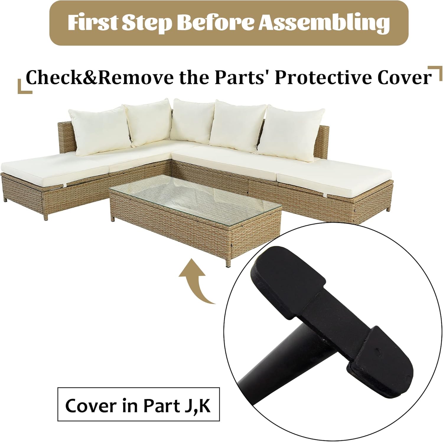 3-Piece Patio Furniture, Weather PE Rattan Wicker Sectional Sofa Set with Adjustable Chaise Lounge Frame and Tempered Glass Table