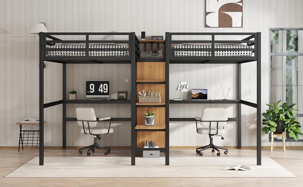 Bellamave Metal Loft Bed with Wardrobe and L-Shaped Desk, Full Size Loft Bed with Storage Cubes and Shelves, Heavy Duty LoftBed for Kids Teens Adults