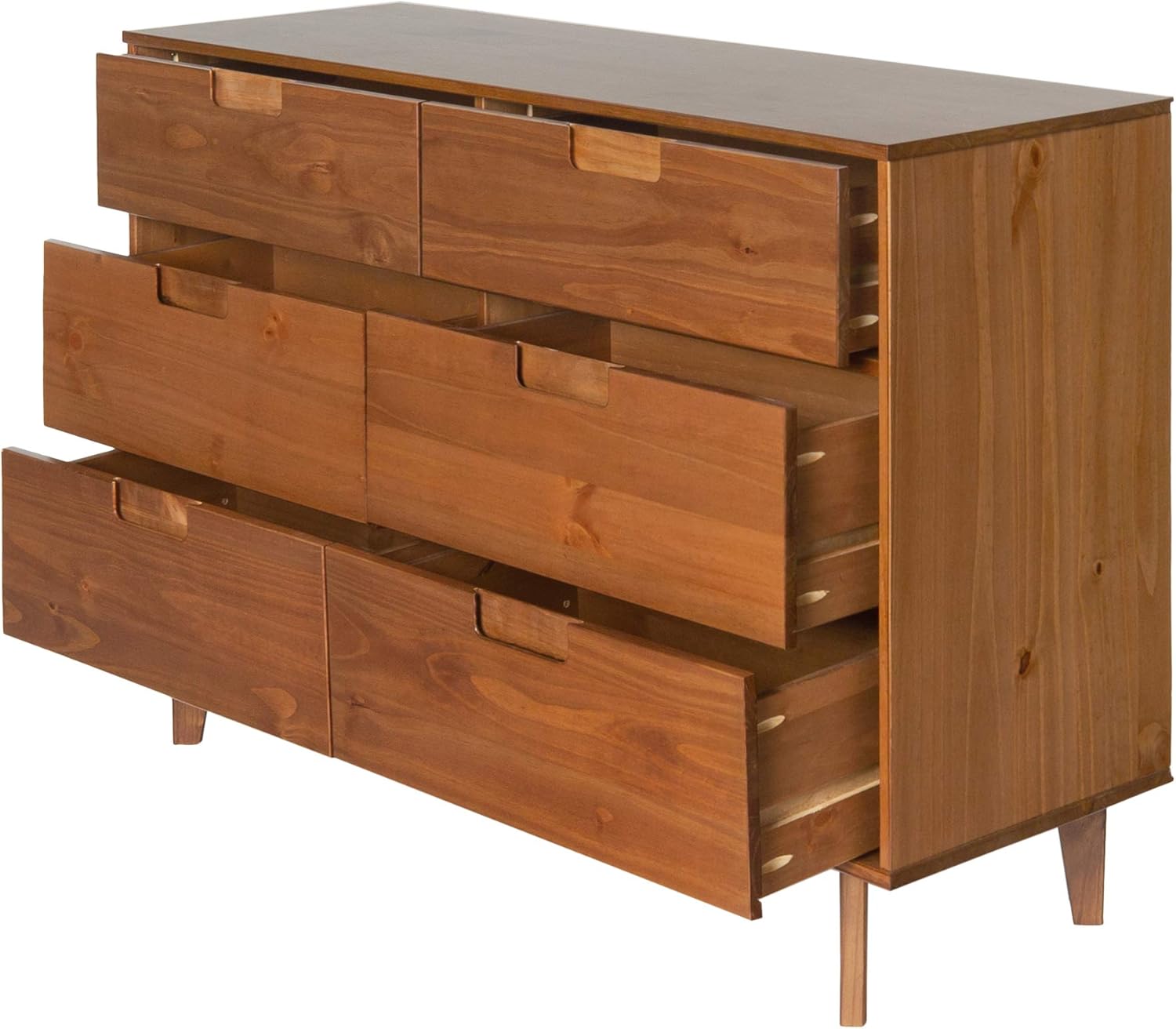 Walker Edison Mid Century Modern Grooved Handle Wood Dresser Bedroom Storage Drawer Organizer Closet Hallway, 6 Drawer, Caramel