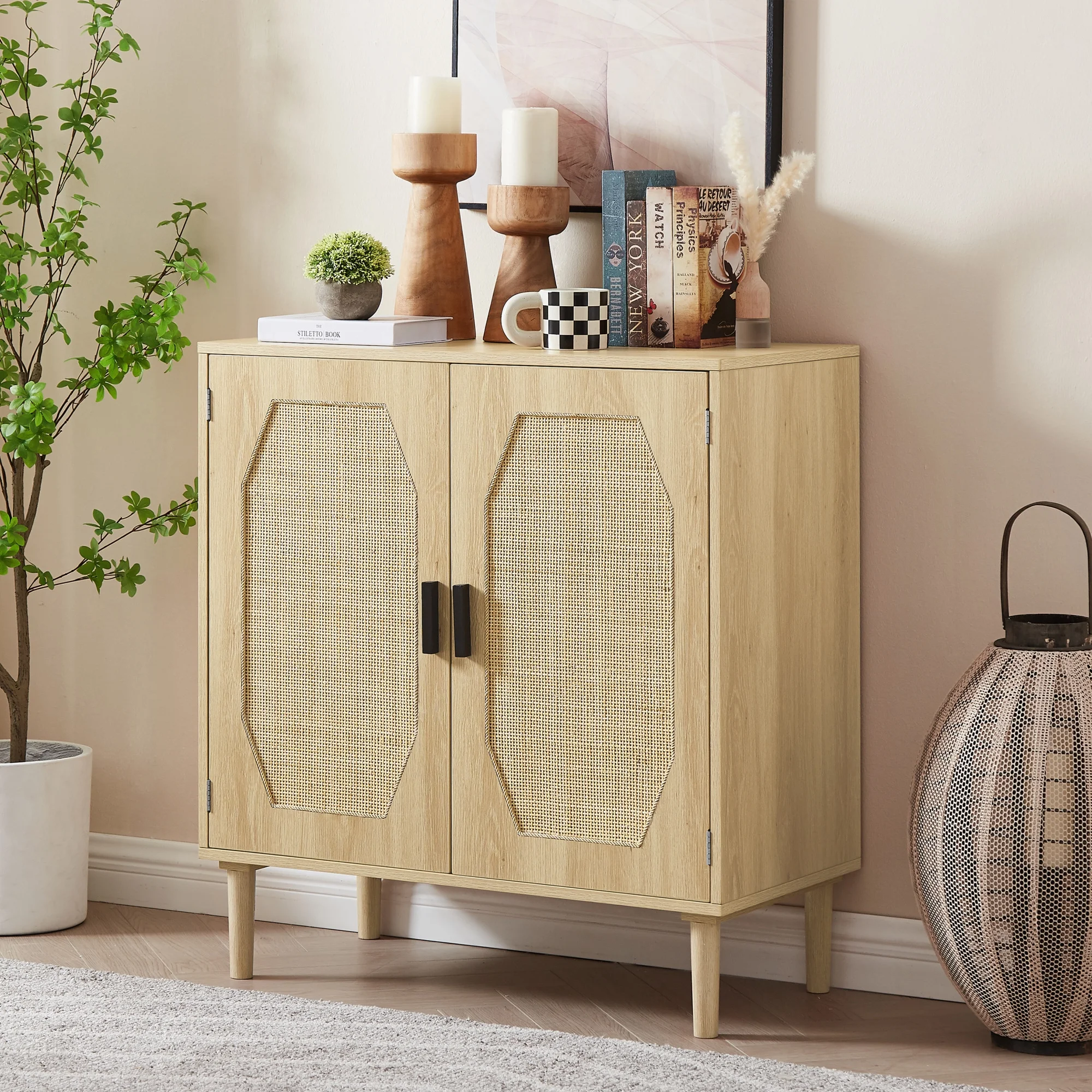Modern Style Kitchen Storage Cabinet with Rattan Decorative Doors, Buffet, Natural, 31.5''W x 15.8''D x 34.6H.