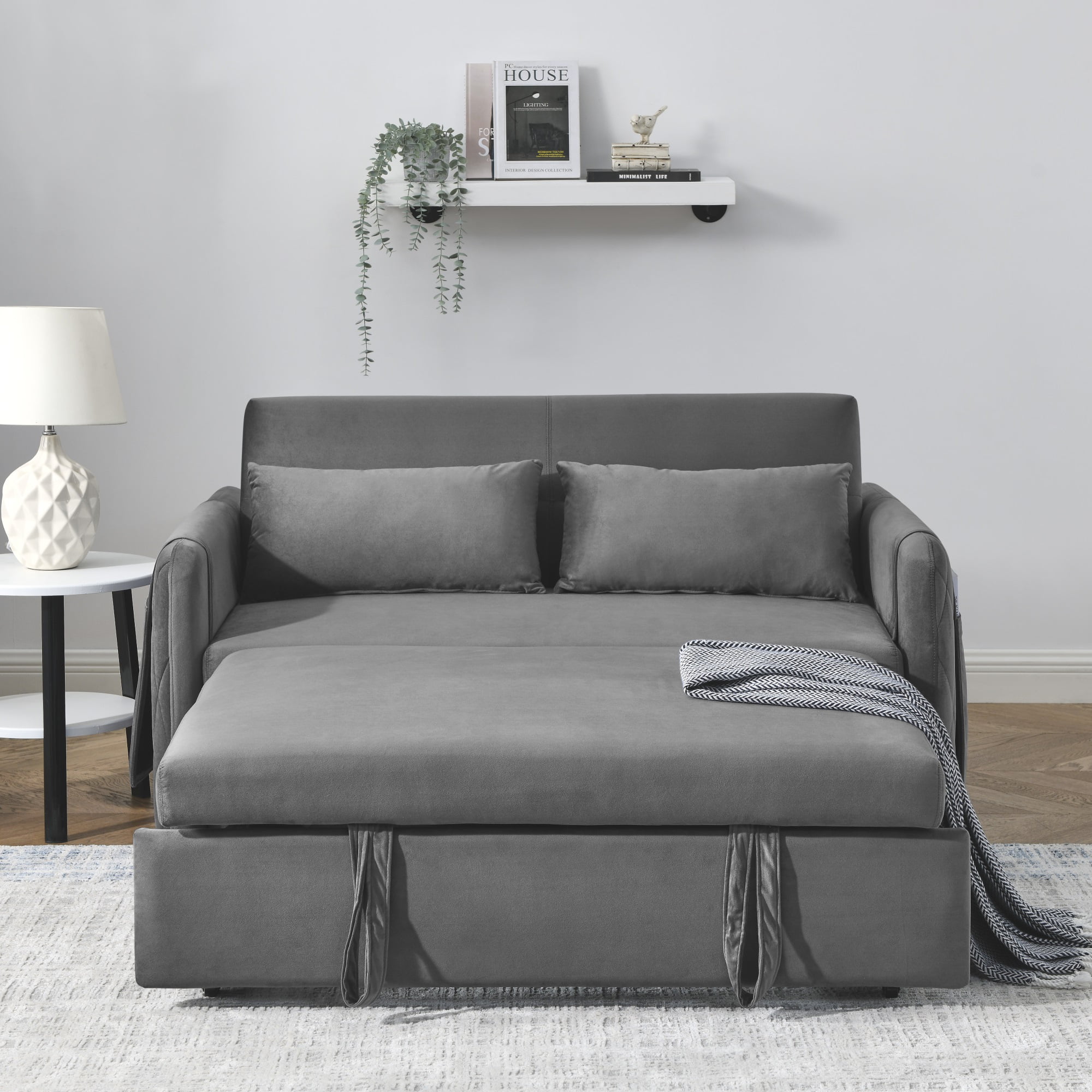 Ufurpie 55"L Modern Velvet Pull Out Sofa Bed,Convertible Velvet Sleeper Sofa Bed with Adjustable Backrest&2 Pillows,Gray
