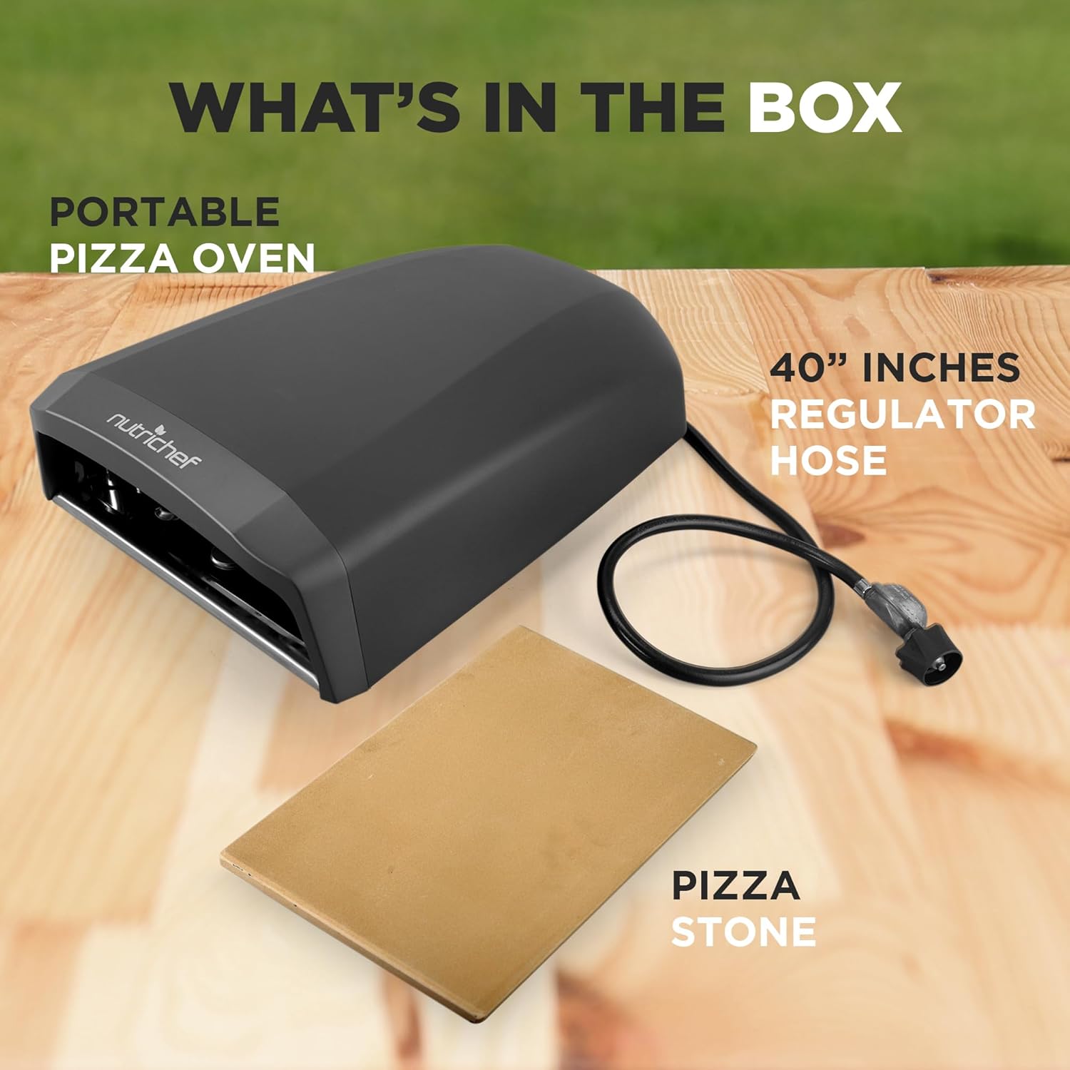 NutriChef Portable Outdoor Gas Pizza Oven - Includes Foldable Feet, Adjustable Heat Control Dial, Burner, Stone & Regulator Hose