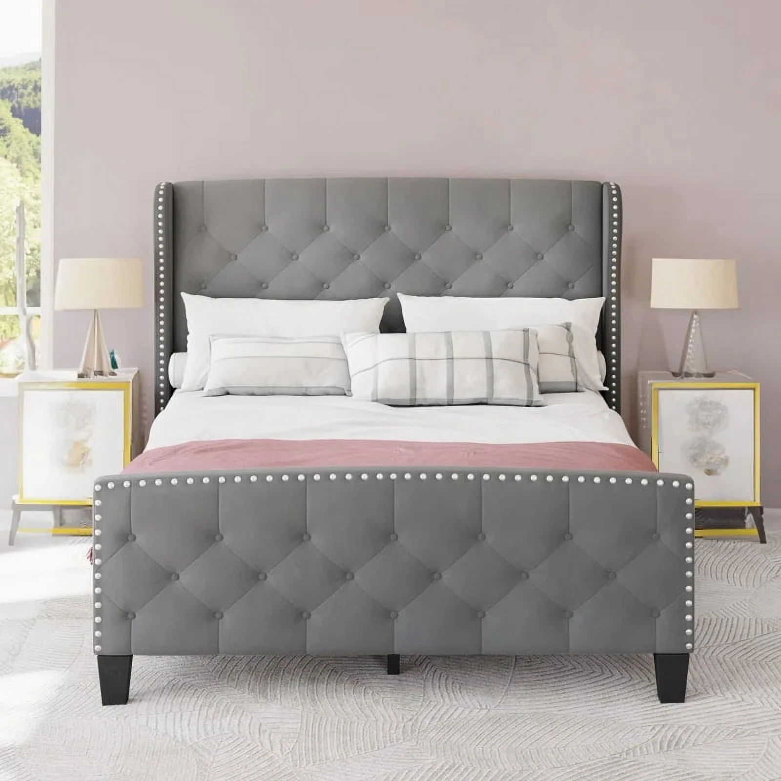 Dextrus Upholstered Bed Frame Queen Size, Platform Bed Base with Velvet Headboard & Footboard, Wingback Upholstered Bed Frame Mattress Foundation