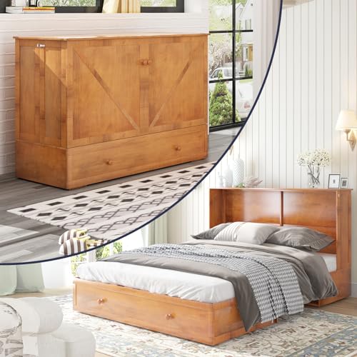 Queen Size Murphy Bed with Large Storage Drawer, Cabinet Bed with Folding Mattress