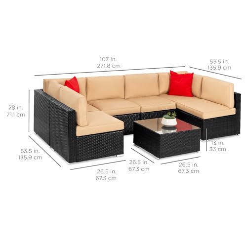 Best Choice Products 7-Piece Modular Outdoor Sectional Wicker Patio Conversation Set w/ 2 Pillows, Coffee Table, Cover Included - Gray/Navy