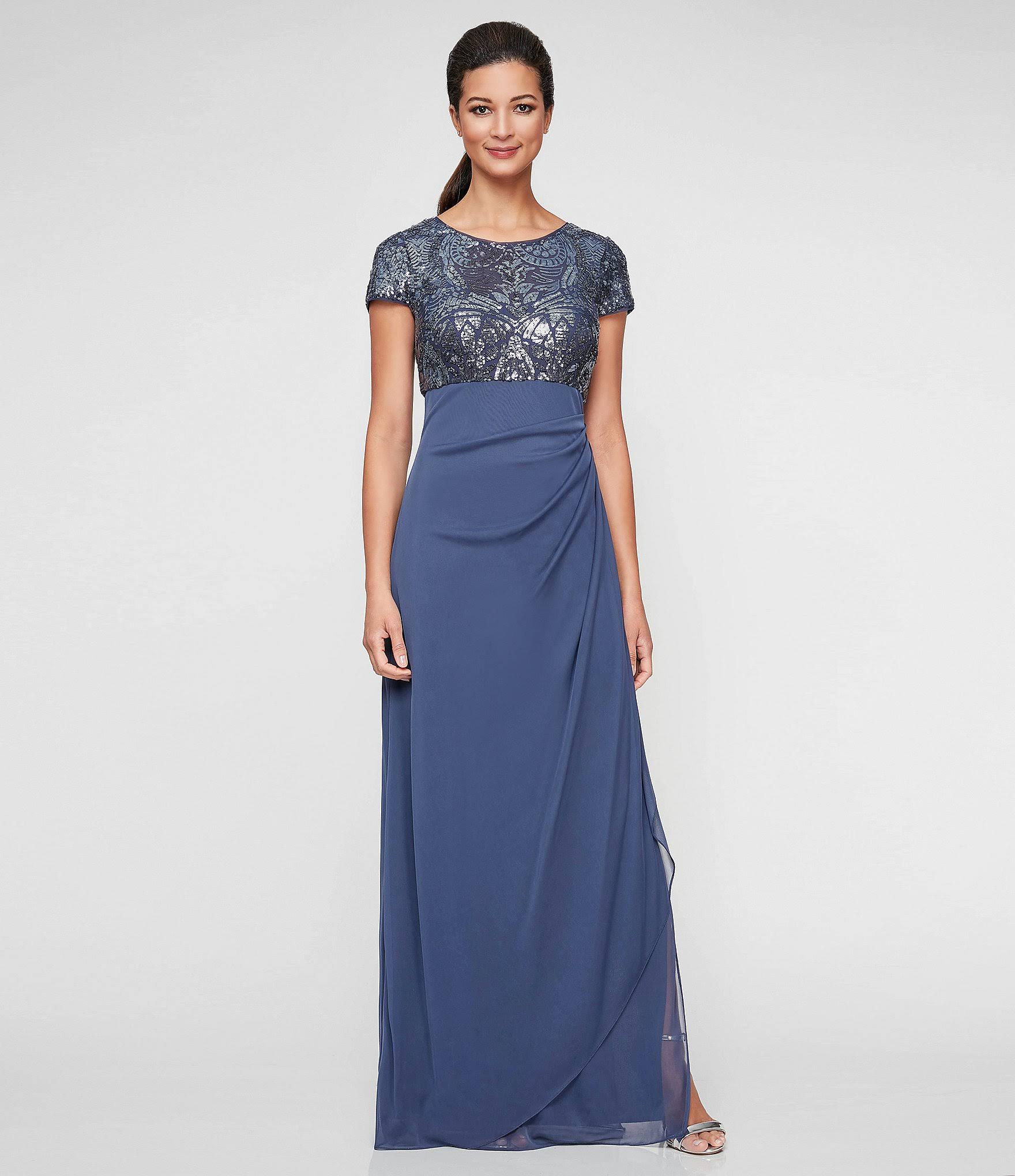 Alex Evenings Cap Sleeve Stretch Sequin Side Ruffle Gown - 4