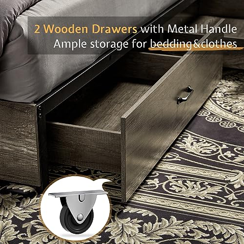 VanAcc Full Size Bed Frame, Wooden Platform Storage Bed with 51.2" Bookcase Headboard, 2 Drawers