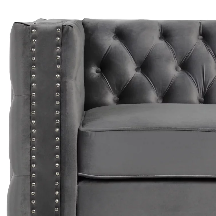 Alexandria - Gray Velvet fabric 3 Pieces Living room Set - 1 Loveseat and 2 Armchairs.