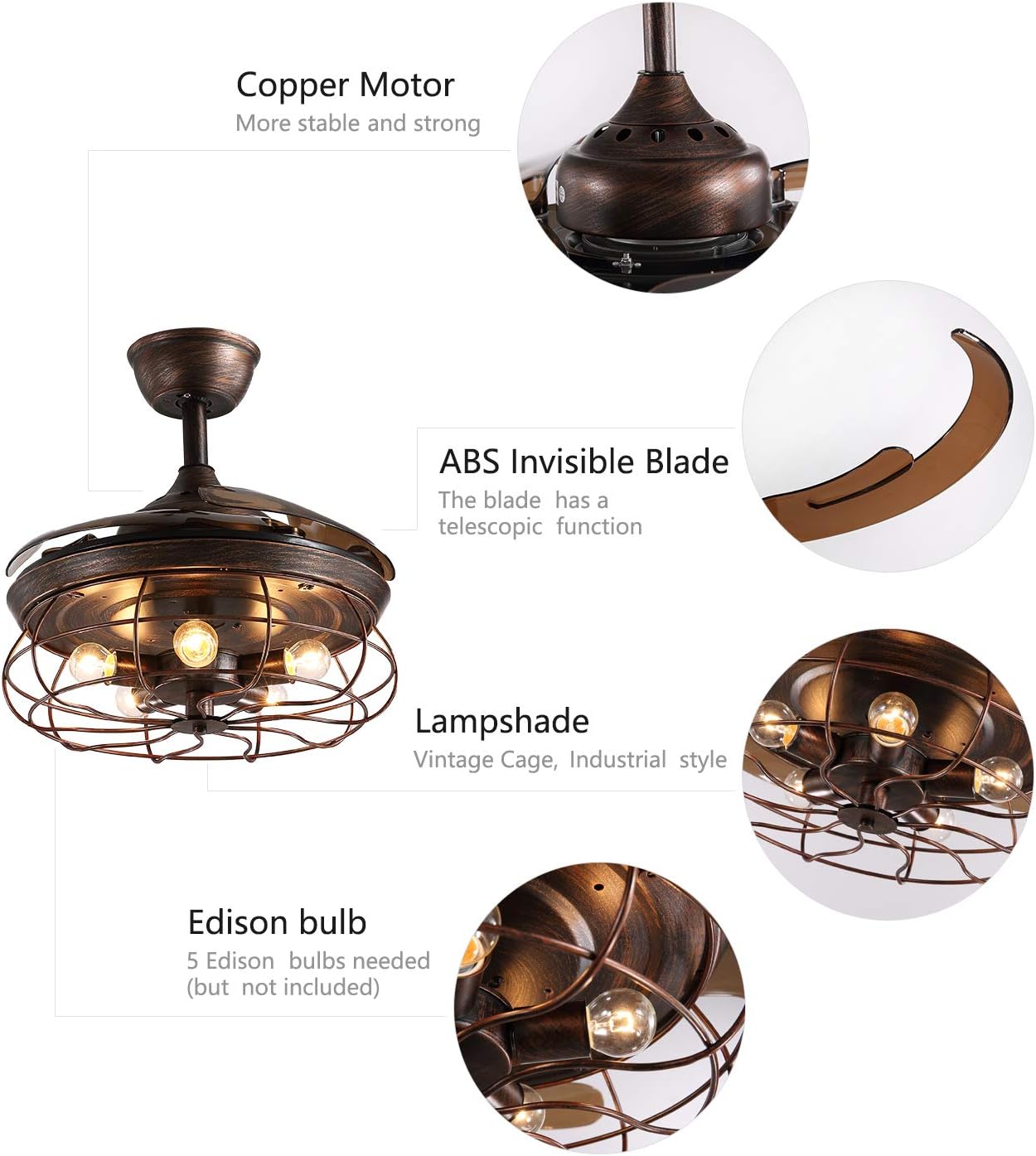 Siljoy 48 Retractable Blades Chandelier Ceiling Fan Industrial Retro Fandelier with Remote