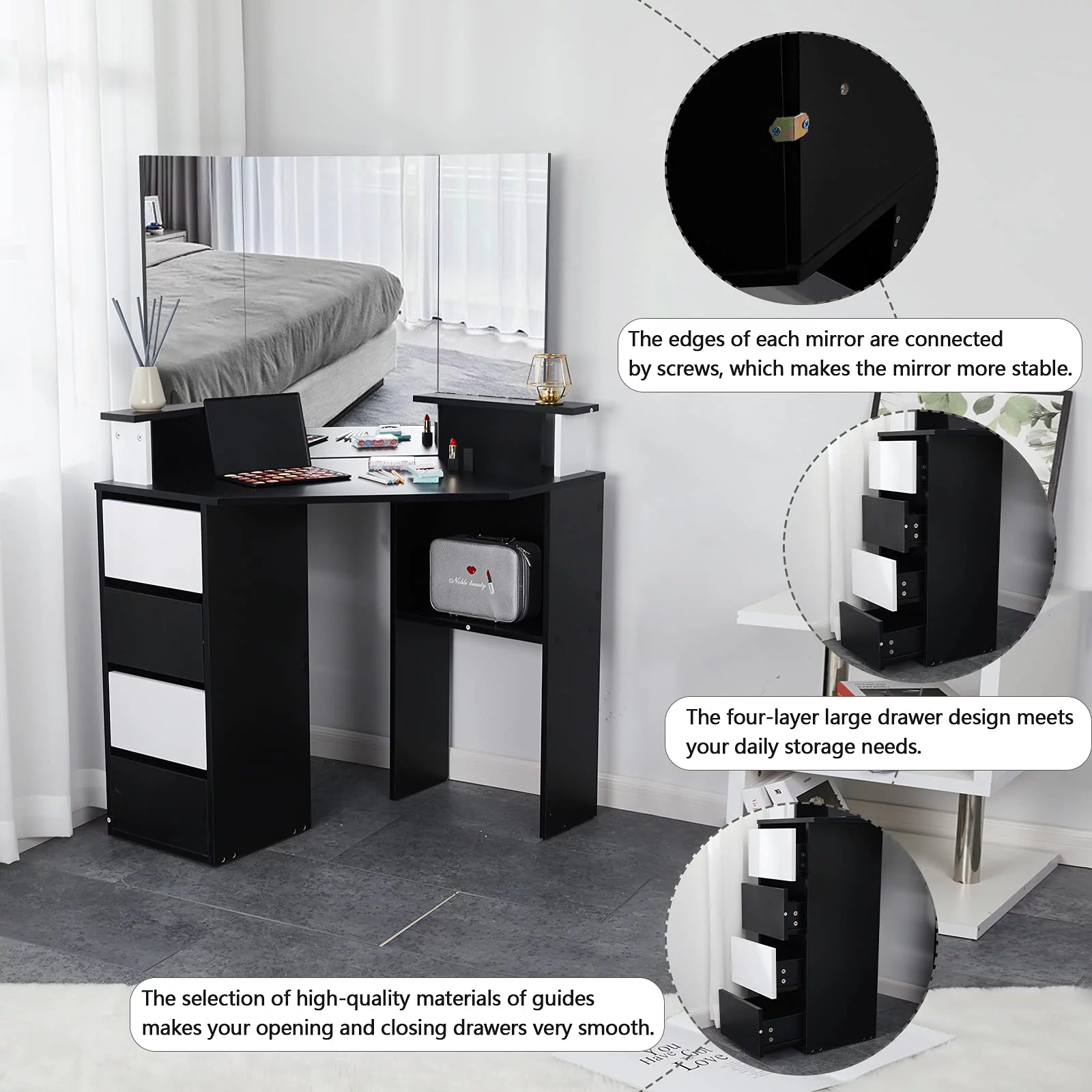 VEANERWOOD Corner Makeup Vanity Dressing Table with 10 Light Bulbs, Modern, Black, Bedroom