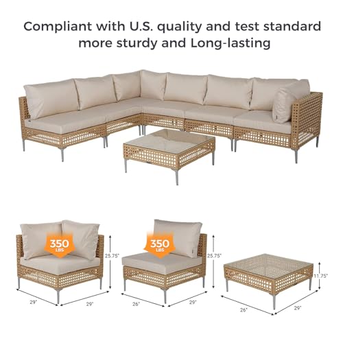 Grand patio 7-Piece Wicker Patio Furniture Set, Boho Outdoor Conversation Set Sectional Sofa with Water Resistant Thick Cushions and Coffee Table
