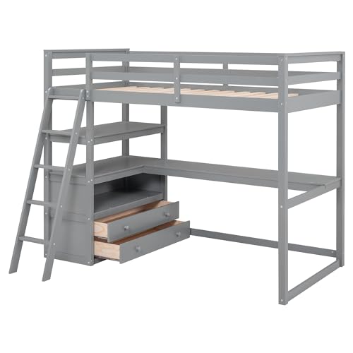 Full Size Loft Bed with Desk & Wardrobe, Solid Wood Kids Loft Bedframe w/3 Storage Drawers & 2 Shelves, Maximum Space Design, for Bedroom, Dorm, Gray