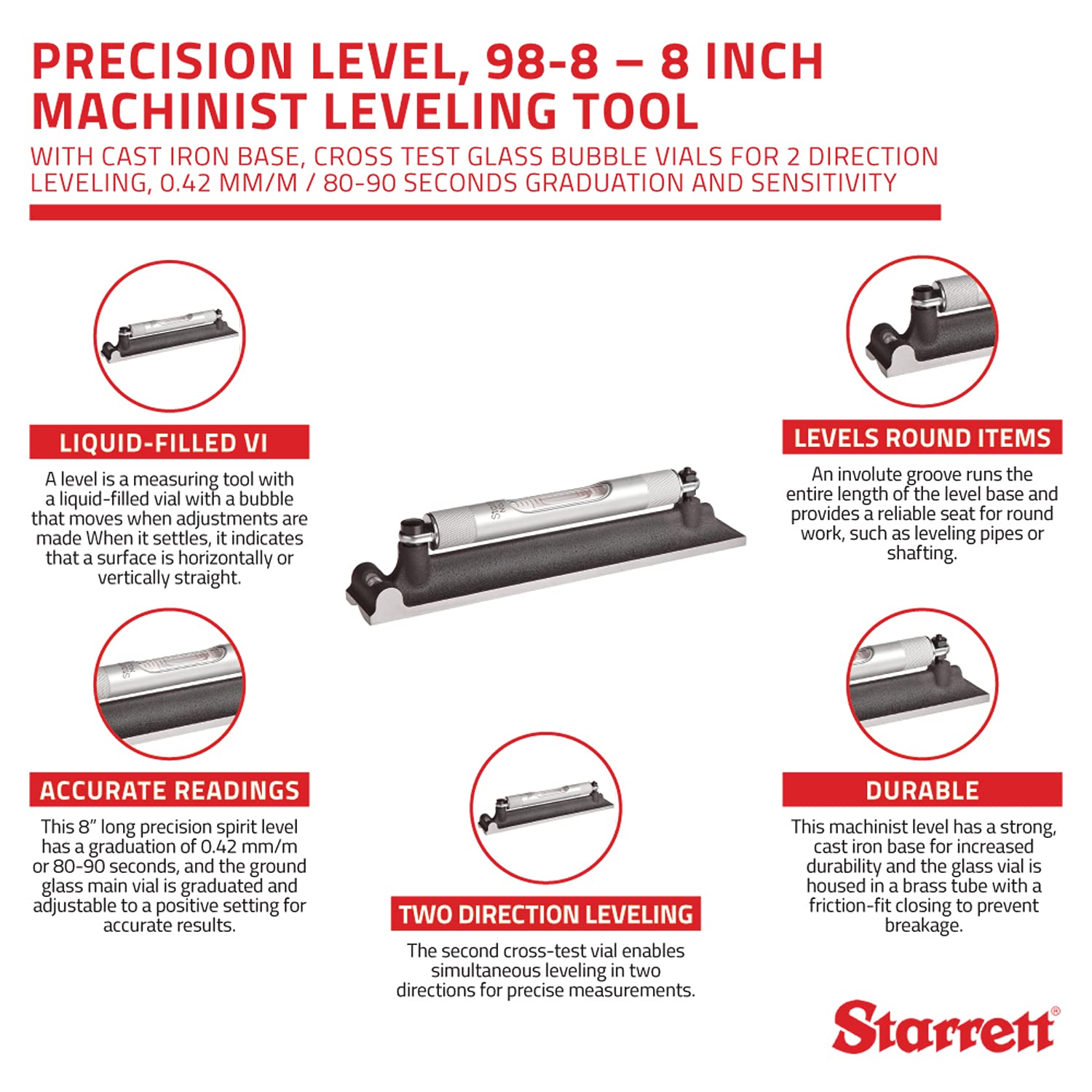 Starrett Precision Level, 98-8 – 8 Inch Machinist Leveler Tool with Cast Iron Base, Cross Test Glass Bubble Vials for 2 Direction Leveling