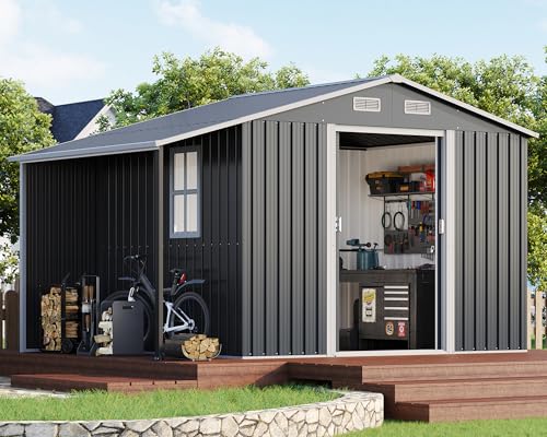 AMERLIFE 10.6x10.3x6.3 FT Metal Storage Shed with Sliding Doors Two 4-Pane Windows, Open Outdoor Shed for Wood Storage, Dark Grey/White