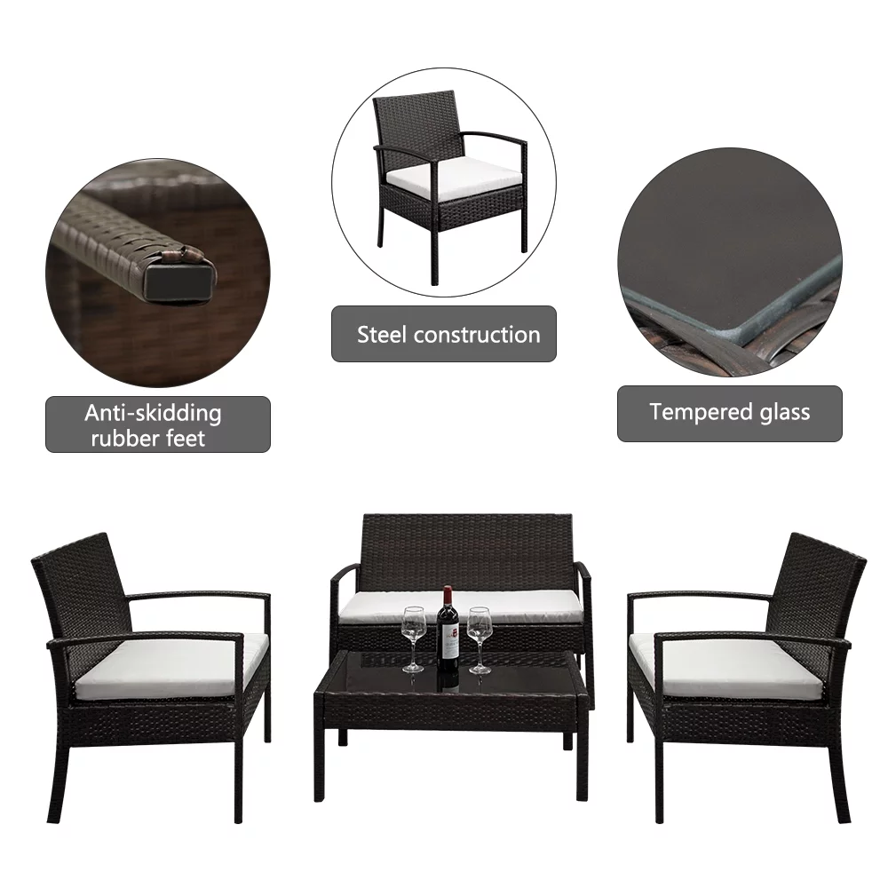 Patio Furniture Set ON SALE, Seizeen 4 Pieces Outdoor Rattan Patio Conversation Set, Cushioned Sofa and Coffee Table Deck Porch Furniture for 4, Brown