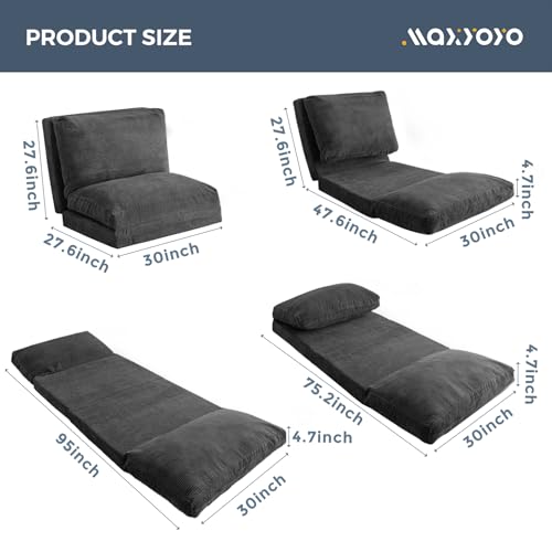 MAXYOYO Bean Bag Bed Folding Sofa Bed Floor Mattress for Adults, Extra Thick and Long Floor Sofa with Corded Washable Cover, Dark Grey, 30x95 Inch