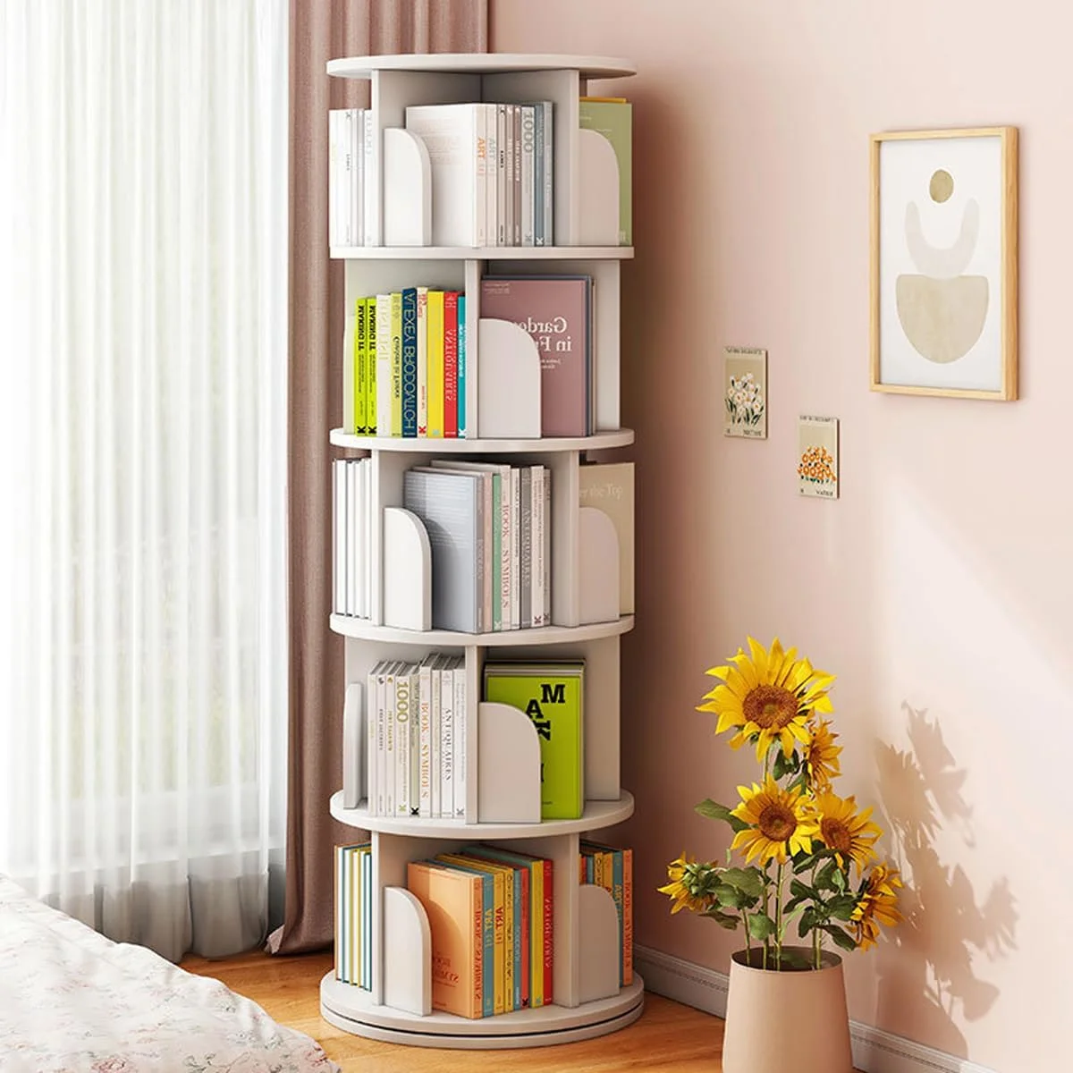 bimiti 5 Tier Rotating Bookshelf, 360° Revolving Bookcase 20 Shelves Floor-Standing Storage Display Rack - White 63"x18"x18"
