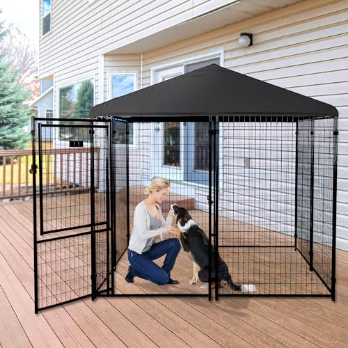 Stay Series 4 by 4 by 4.3 Feet Studio Jr. Black Powder Coat Steel Frame Outdoor Dog Kennel with Waterproof Canopy Roof and Gate Door, Khaki