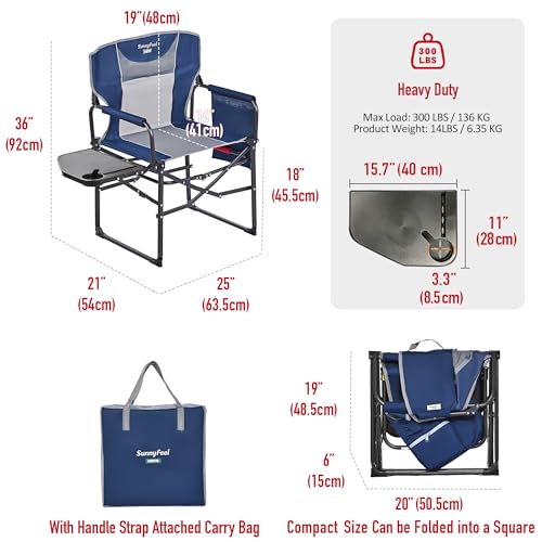 SUNNYFEEL Oversized Camping Directors Chair 2 Pack, Portable Folding Lawn Chairs for Adults Heavy Duty with Side Table,Pocket for Beach, Fishing