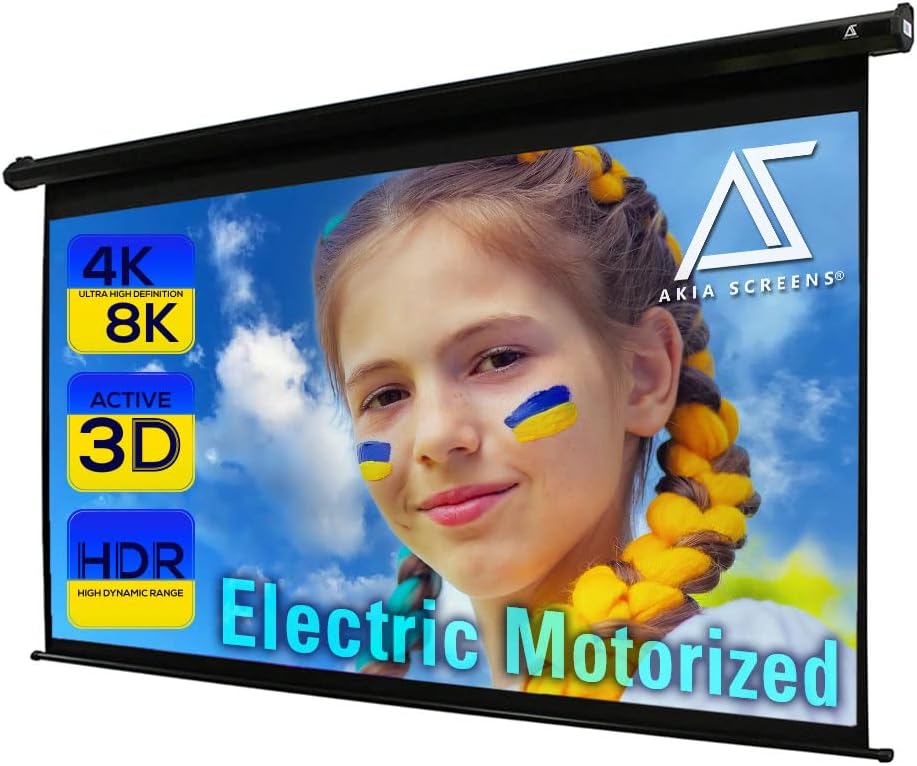 Akia Screens 125 inch Motorized Electric Remote Controlled Drop Down Projector Screen 16:9 8K 4K HD 3D Retractable Ceiling Wall Mount Black