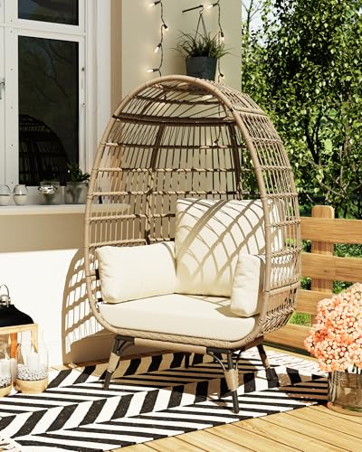 Oversized Wicker Egg Chair Outdoor, Patio Lounge Chair with Ultra Luxury Cushions & Steel Frame, 350LBs Capacity Egg Chair Indoor Outdoor for Balcony