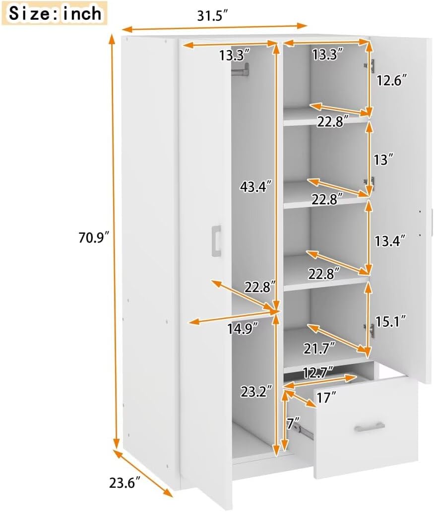 Wooden Wardrobe with Double Doors, 2 Door Wood Wardrobe with 5 Fixed Shelves, One Storage Drawer