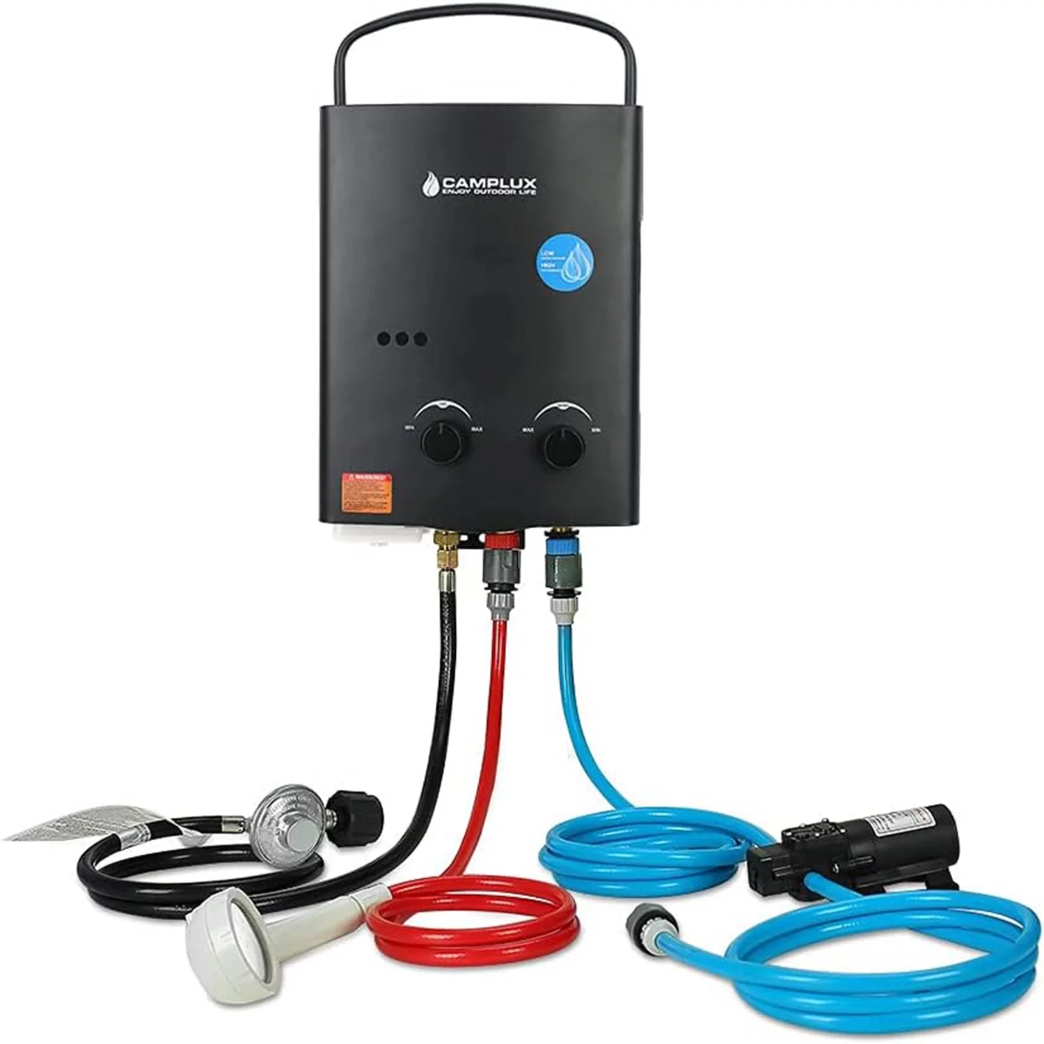 Camplux AY132BP43 Outdoor Portable Propane  Tankless Water Heater with 1.2 V Water Pump Black
