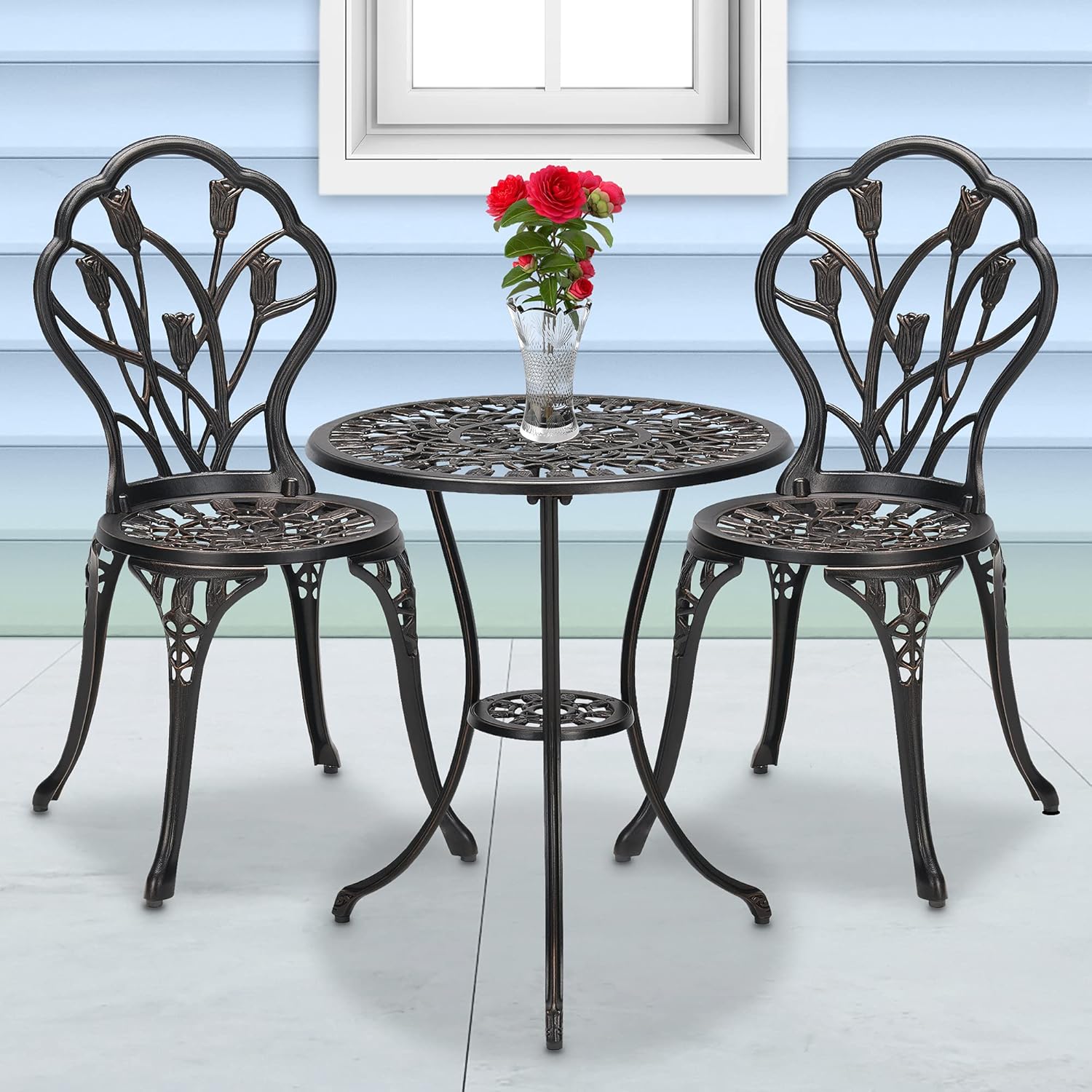 Laurel Canyon 3-Piece Cast Aluminum Patio Bistro Sets Antique Copper Finish Outdoor Furniture with Rust-Resistant Small Round Table and 2 Chairs for