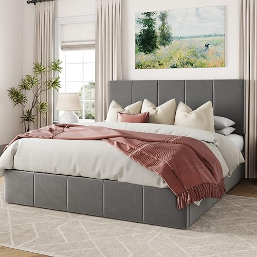 Allewie Queen Size Velvet Lift Up Storage Bed Frame, Vertical Channel Tufted Headboard, Hydrualic Underneath Storage, Upholstered Platform Bed