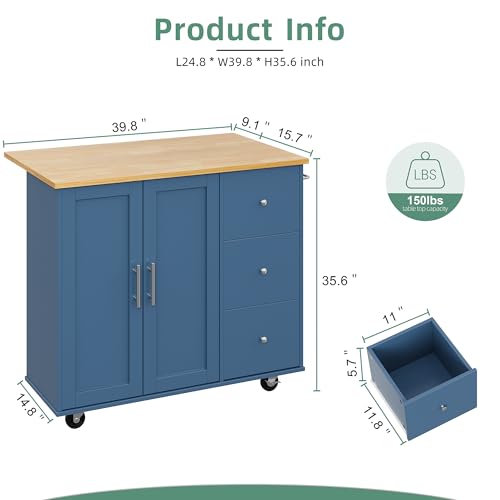 Shintenchi Rolling Kitchen Island Cart with Folding Drop Leaf Breakfast Bar, Portable Trolley Island with Large Storage Cabinet, Shelf and Drawer