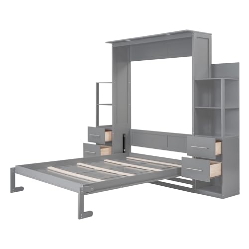 MERITLINE Queen Murphy Bed with LED Lights and Storage Drawers,Shelves,Wood Grey Murphy Wall Bed Cabinet for Adults