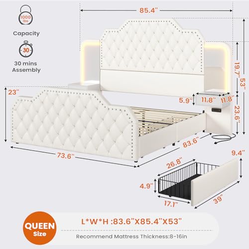 Itaar Queen Bed Frame with 53" Tall Headboard and 4 Storage Drawers, PU Leather Upholstered Platform Bed Frame, Built in Charging Station & Led
