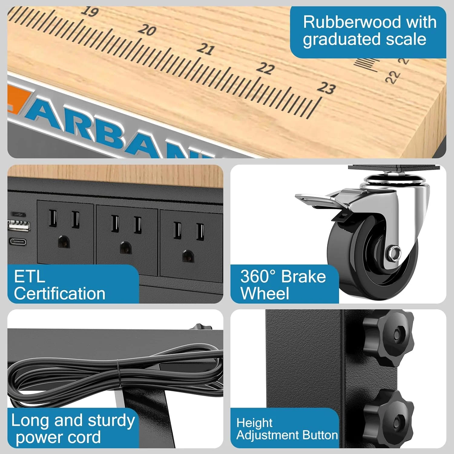 LARBANKE 48" Heavy-Duty Garage Workbench,Rubber Wood Workbench has Adjustable 5 Different Heights,Hardwood Worktable Weight Capacity Over 2000 Lbs
