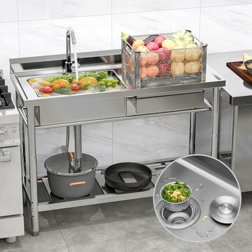 Stainless Steel Utility Sink, 47.2'' Free Standing Single Bowl Kitchen Sink with Right Drawer, Cold and Hot Water Pipe
