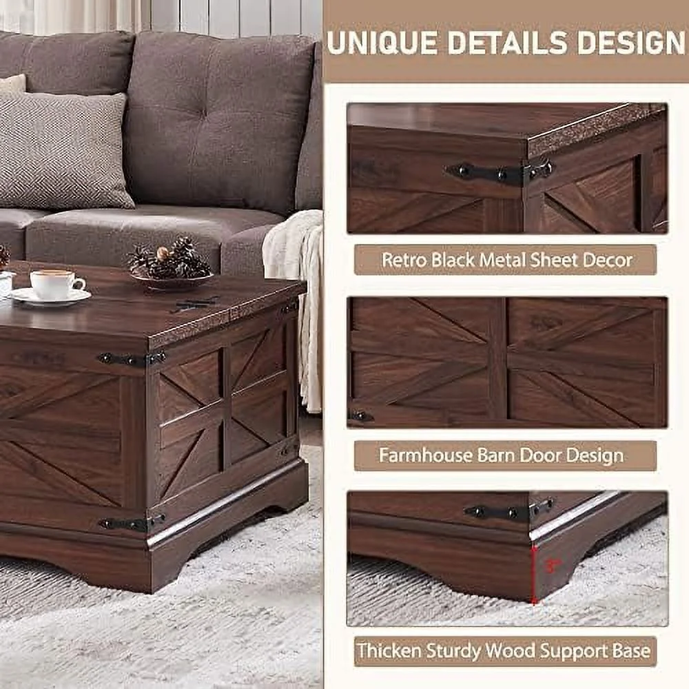 HJZBNONE Farmhouse Coffee Table  Square Wood Center Table with Large Hidden  Compartment for Living Room  Rustic Cocktail Table with Hinged Lift Top