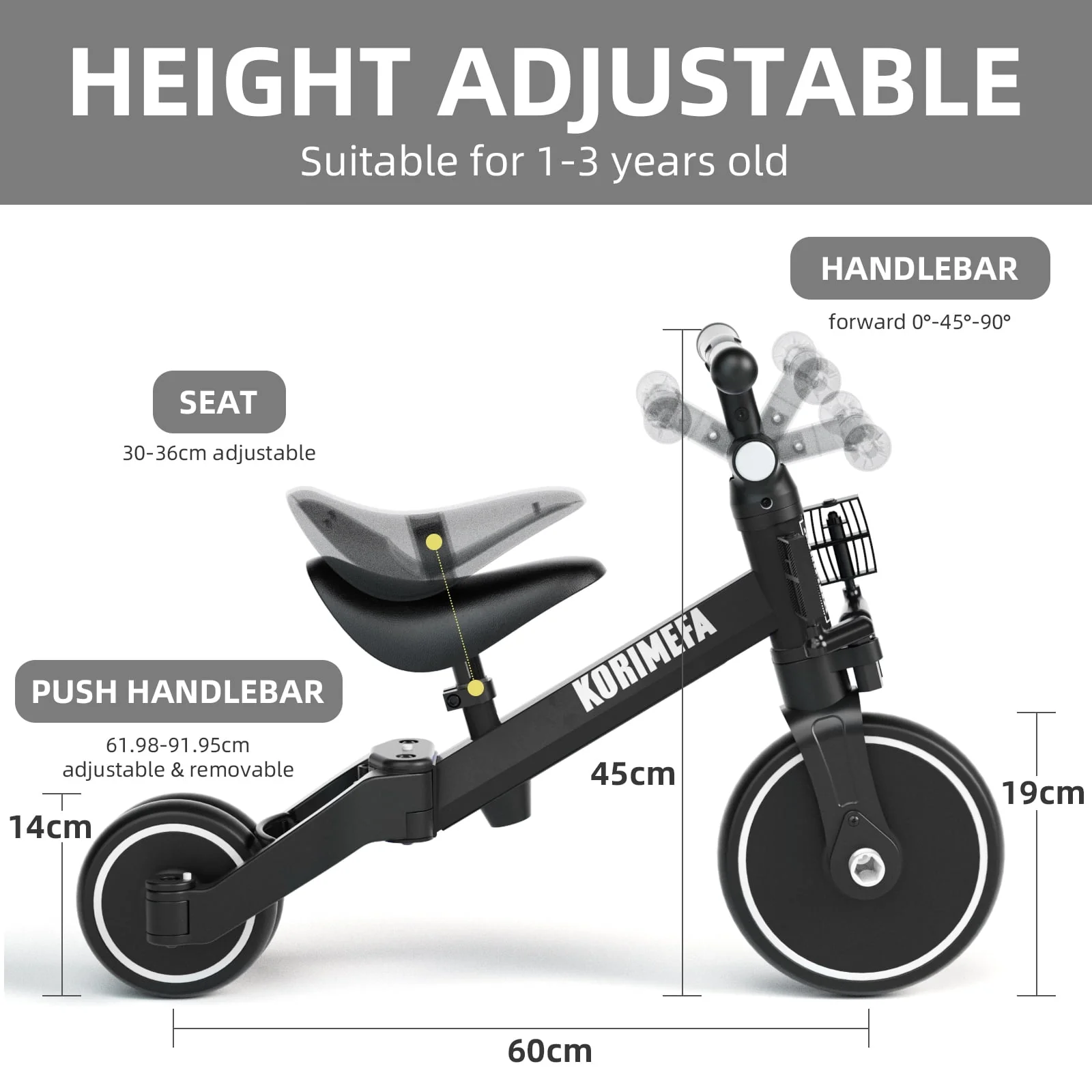 KORIMEFA Toddler Bike with Push Handle,Tricycles for 1 to 3 Years Old, Toddler Tricycle with Push Handle for Boy Girl, Baby Bike Balance Bike