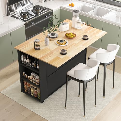 67’’ Movable Kitchen Island with Drop Leaf and Power Outlet, Lockable Sliding Countertop Rolling Island Cart with 2 Large Drawers, Spice, Towel Rack