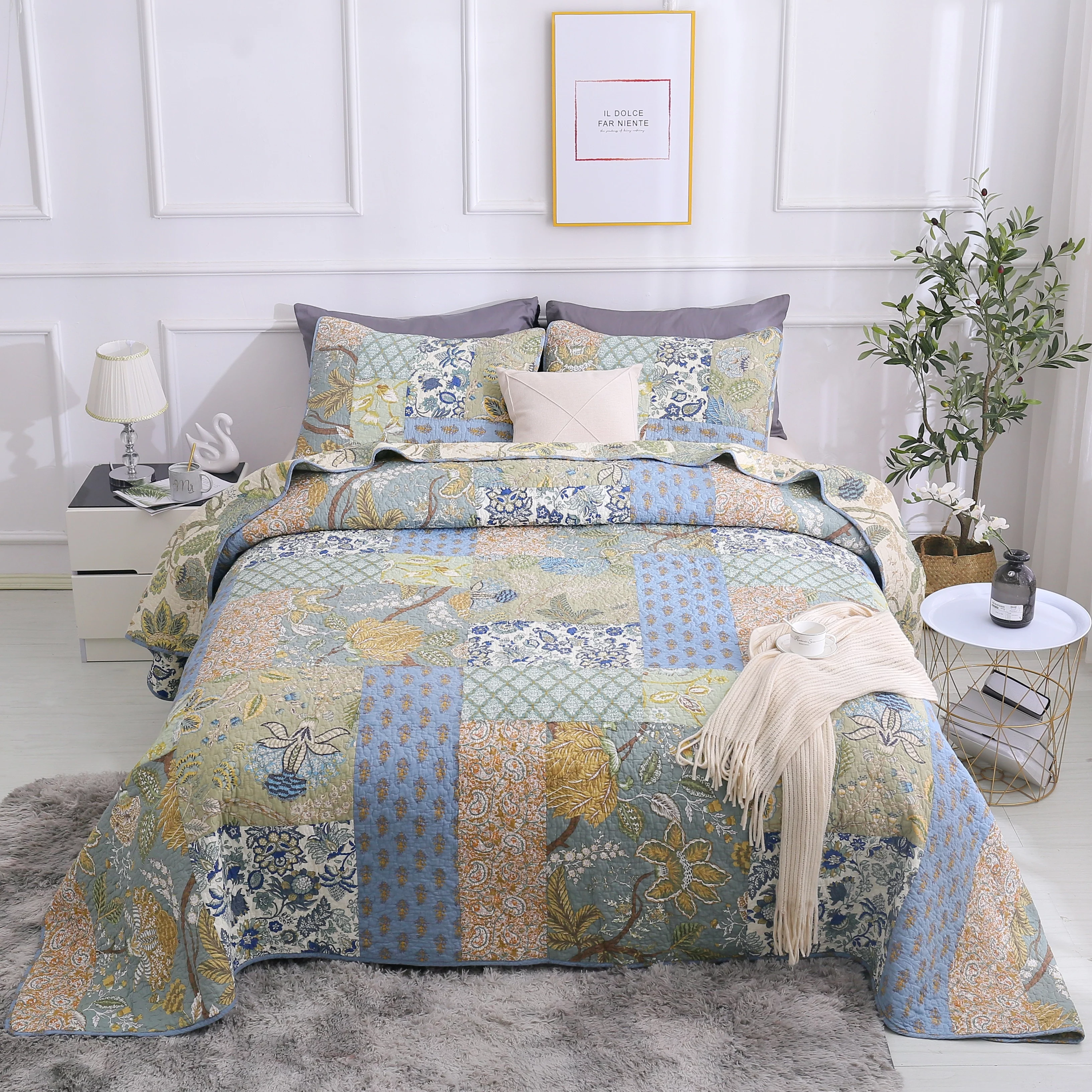 S&S Bohemian 3 Piece Reversible Floral 100% Cotton Authentic Patchwork Quilt Set Full - Queen - Curated Treasures Market